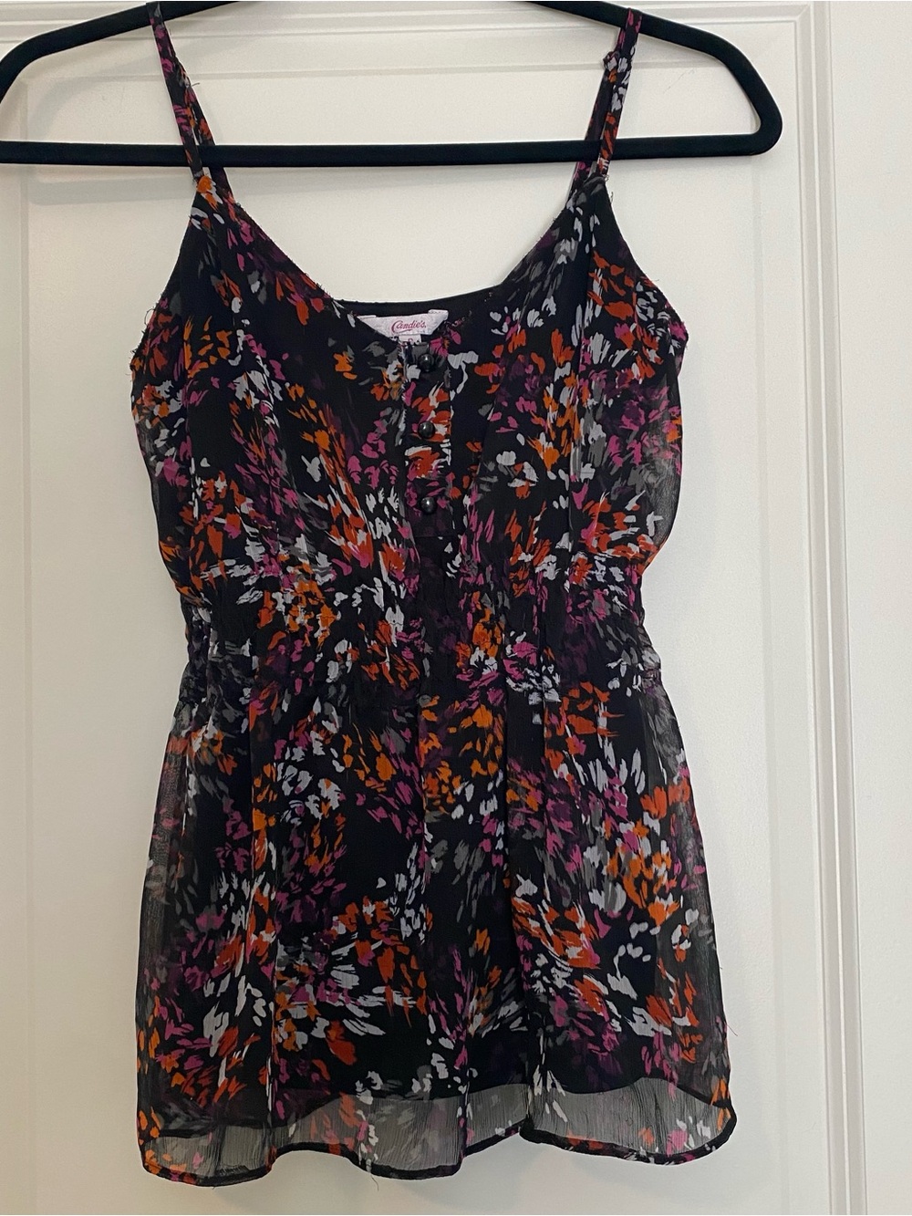 Candie's Black Floral Print Sheer Button-Front Cami
